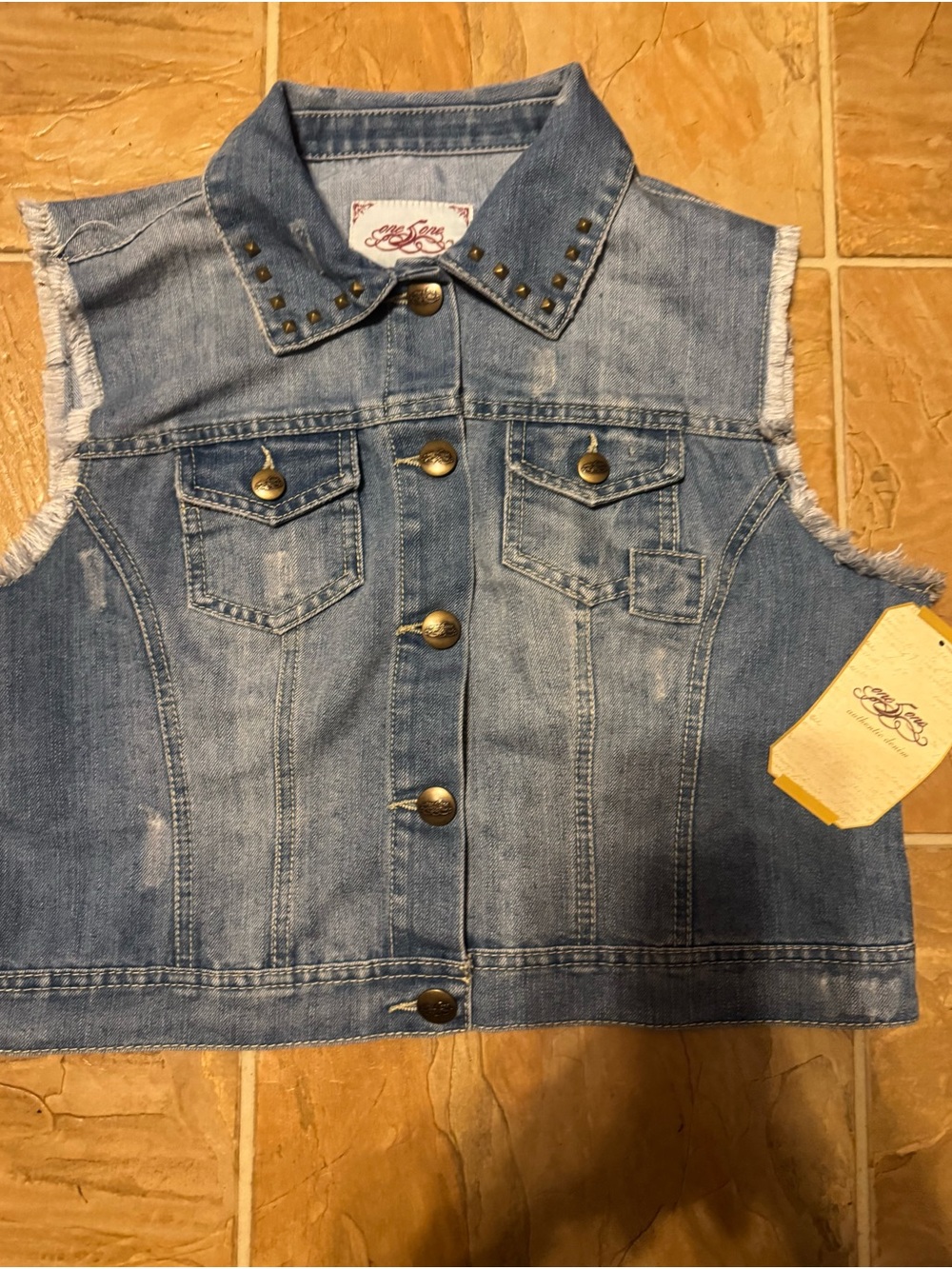 one 5 one Distressed Light Blue Studded Sleeveless Denim Vest